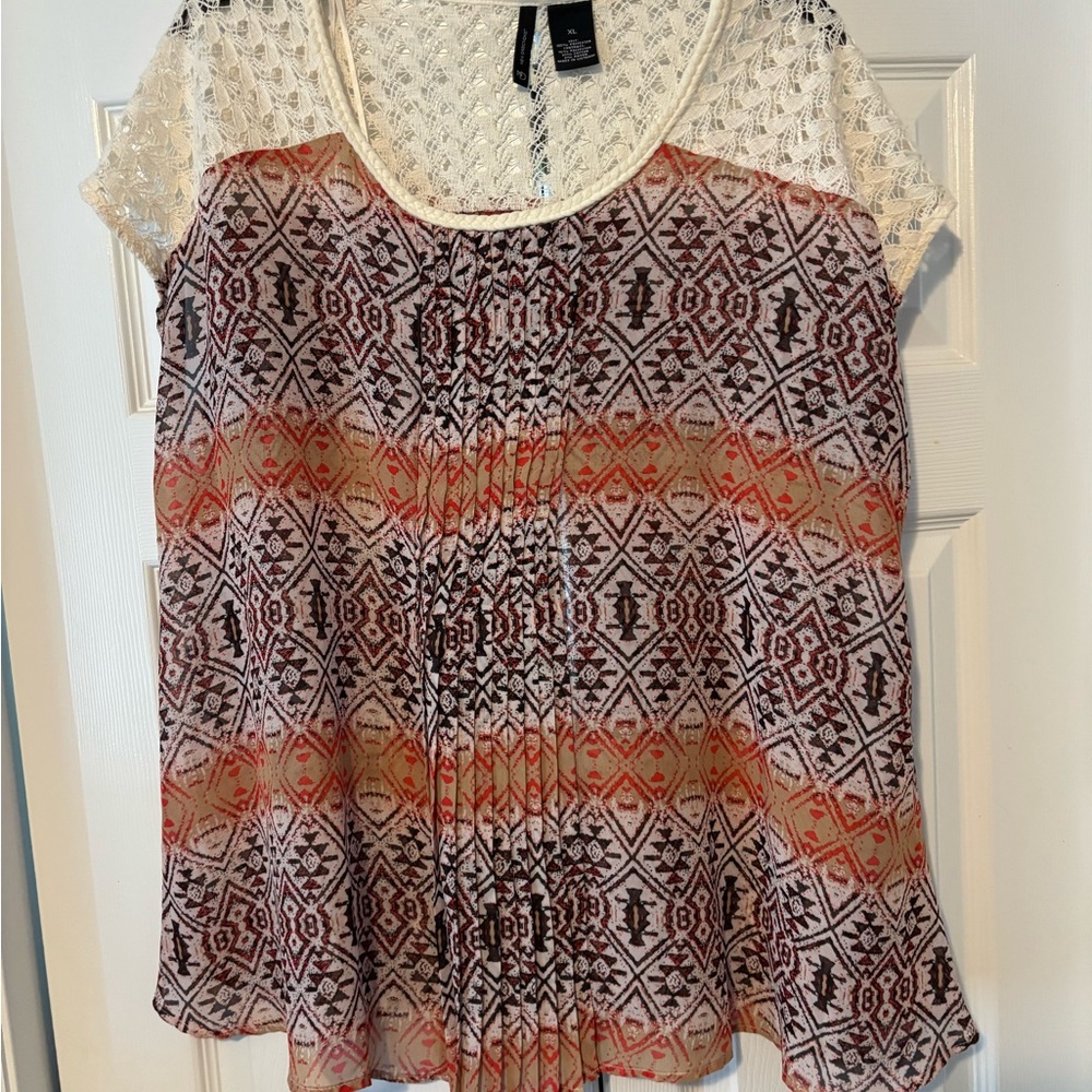 new directions Cream Crochet Yoke Printed Top with Rust Accents